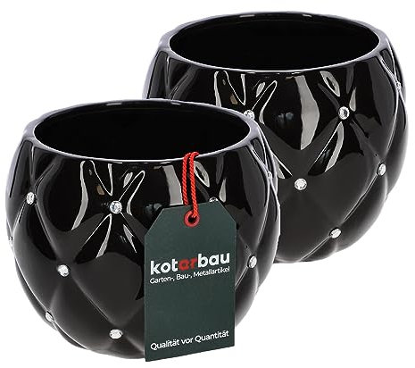 KOTARBAU® Juego de 2 Macetas Cubremacetas de Cerámica Glamour de 15 cm con Circonitas, Redondas, Color Negro, para Plantas de Interior