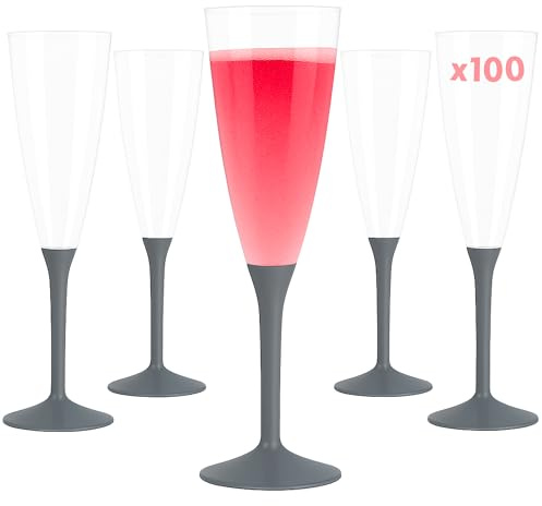 Lot de 100 Flutes Champagne Plastique Lavable et Réutilisable 14cl - Verre Plastique 100% Recyclable, Grande Stabilité, Rigidité Design Élégant - Parfait pour Anniversaire, Mariage (Gris Ardoise)