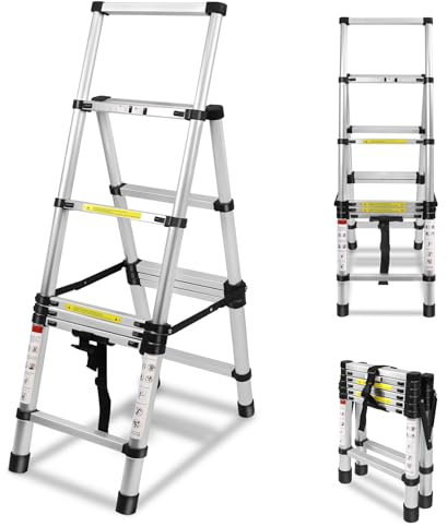 Aufun Scala Telescopica Scala Pieghevole Scala in Alluminio Antiscivolo Scala Multifunzione Scala Estensibile Scala da Appoggio Scala in Alluminio 150kg (Telaio a forma di A 6 + 7 gradini)