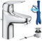 GROHE Swift, Waschtischarmatur, wassersparend (Wasserhahn für das Bad, Badarmatur mit Zugstangen-Ablauf, 16cm hoch, mit 3in1 Werkzeug, einfache Installation am Waschbecken), chrom, 24316001