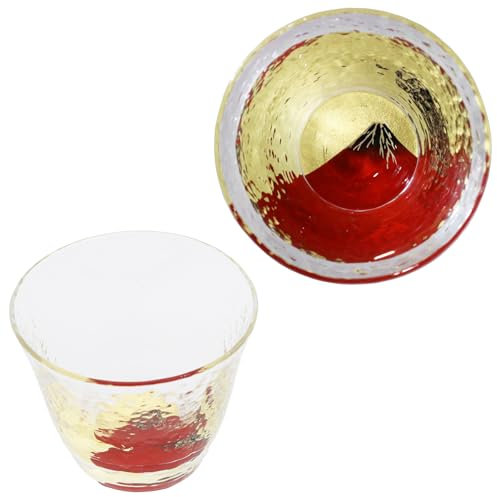 Kasyou Studio Vaso de cristal Fuji rojo para sake (lámina dorada Kanazawa, caja de regalo), fabricado en Japón, taza de sake japonés, vaso de whisky Soju, vaso de lujo, vasos dorados, vasos Kasyou