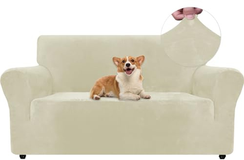 Ystyle Elastischer Samt Sofabezug 2 Sitzer, Beige | Stretch Sofa Überzug, Sofaschoner Rutschfest, Couch Überzug, Sofa Cover mit Armlehnen, Sesselschoner Sofaschutz Katze