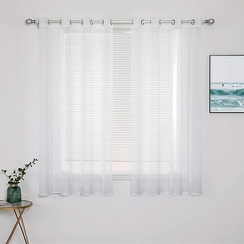 MIULEE 2er Set Voile Vorhang mit Ösen Transparente Optik Gardine Polyester Ösenschal Transparent Wohnzimmer für Schlafzimmer 122 x 140cm (H x B), Grommet Top Weiß