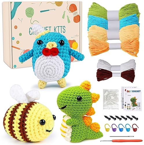 Shujin Komplett Häkelset für Anfänger Tiere,3 Stück Lustiges Häkeltiere Set, Strickset mit Häkelnadeln Garn,Schritt-für-Schritt-Anleitungsvideo, Häkel-Starter-Kit für DIY(Biene, Dinosaurier, Pinguin)