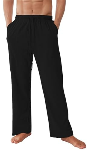 NIBESSER Pantalon Lino Hombre Verano Casual Pantalon Anchos Hombre de Lino y Algodón Transpirables Cómodos con Cordón Bolsillos Laterales Elegantes para Vacaciones Playa, Negro, XL