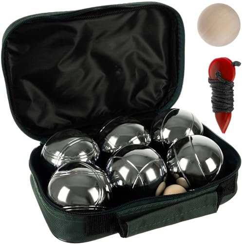 KRUZZEL Boule Set con 6 palline e accessori incisi – Petanque gioco con sfera di legno, metro a nastro e borsa per il trasporto – attività all'aperto con motivi incisi custodia 23440