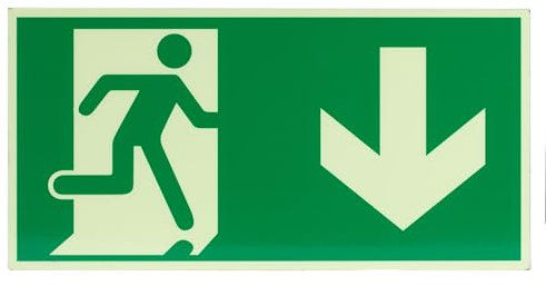 Schild Notausgangsschild Nachleuchtend, Fluchtwegschilder Nachleuchtend, Pfeil Unten Langnachleuchtend, Aluminium Selbstklebend Rettungsweg Rettungsschild, 300x150mm (down)
