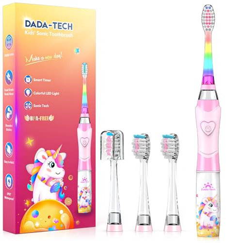 Kids Electric Toothbrush 3-5-6-12, Toddler Toothbrush Girls Electric Toothbrush with Timer Rainbow LED Light Up Sonic Battery Powered Junior Childrens Tooth Brush (Unicorn Pink)