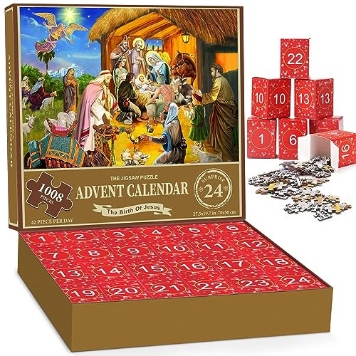 Jigsaw Puzzle Advent Calendar 2024 - Celebrating the Nativity, 24 Parts - 1008 Pieces Puzzle Countdown to Christmas, Ideal Gifts for Adults and Kids, Festive Home Decoration