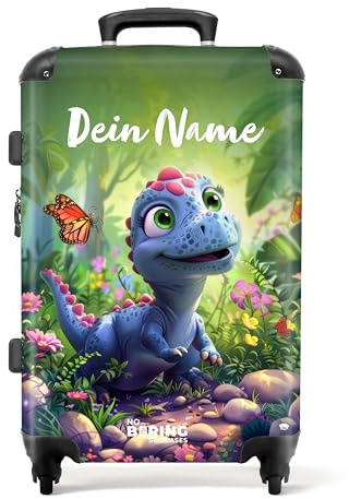 NoBoringSuitcases.com Kindersuitcase, Persönlicher Koffer, Große und Mittelgroße Suitcases (Dino - Blau-Rosa, 67 cm - 72 L), TSA-Schloss, Kinderschlitten