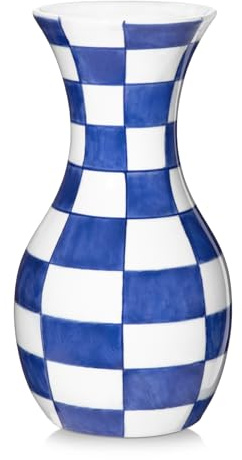 Blaue und Weiße Blumenvase, 27CM Keramikvase mit Breitem Mund und Blockmuster, Große Retro Chinoiserie Vase Deko, Vintage Vase für Blumen Tischmittelpunkt Wohnzimmer Bücherregal Dekoration