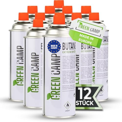 Green Camp ® Gaskartuschen 227g [Made IN Europe] ideal für Gaskocher, Gasheizung, Gasbrenner, Unkrautbrenner oder Campingkocher - Butan Gaskartusche Typ MFS – 1A (12x Gaskartuschen)