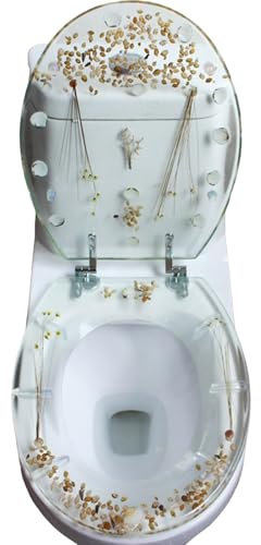 WUCIOA Transparent Resin Toilet Seat, Resin Toilet Lid Toilet Seat with Ocean Shells and Dried Flowers, Mute Close, Modern Clear Round Slow Close Resin Toilet Seat for U Type, V Type Toilet