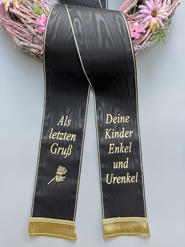 (17 Farbe Auswahl) Moire Trauerschleife mit Text personalisiert, Grabsgesteckband Bedruckt nach Wunsch, Urnen- Grabstrausschleife, Kranzschleife (Schwarz, 100mm)