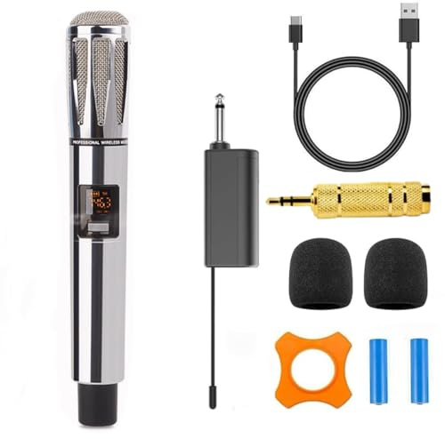Deeke Handheld Wireless Microphone, ALL Metal Rechargeable UHF Microphone, Handheld Dynamic Mic for Large Stage Singing Karaoke Wedding DJ Party Speech Church Class Use PA System (Metal-silver)