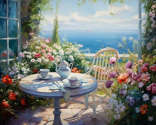 YarnAdventures Garden View Paint by Numbers Kits for Adults,Table and Tea Set,Paint by Number Kits on Canvas DIY Oil Paintings Supplies for Beginners Arts and Crafts Home Decor,40x50cm Frameless