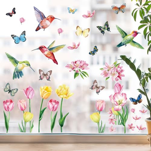 TNSLAND 10 ark fönsterbilder, dubbelsidiga blommor fönsterbild fjäril fönsterdekoration vår sommar självhäftande fönsterfilm återanvändbara fönsterklistermärken klistermärken (tulpan)