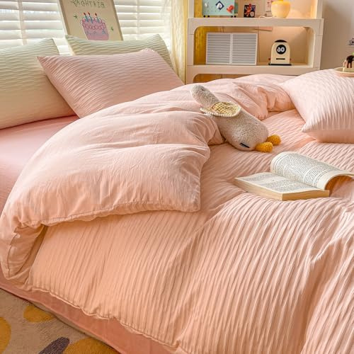 Parure de lit en seersucker avec housse de couette et taies d'oreiller pour adolescents et adultes - Microfibre de polyester douce - Rose - 220 x 230 cm