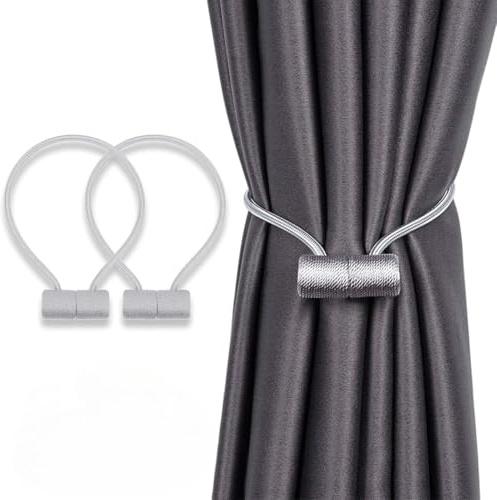 2 fermatenda magnetici per tende, con fibbia per cordoncino, colore grigio