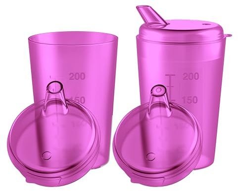 THERACASO Schnabelbecher Set – 3x 250 ml Schnabeltasse inkl. je 3 Deckel (4x4 mm & 12x10 mm Öffnungen) für Senioren, Kinder & Patienten mit eingeschränkter Motorik – spülmaschinenfest (Magenta/Pink)