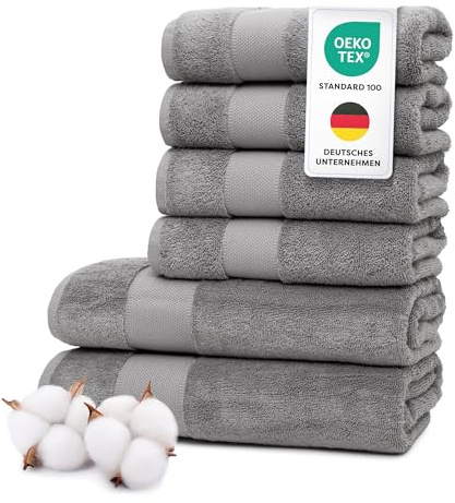Wolkenfeld Handtücher Set 6-teilig Premium – 100% Low Twist Baumwolle, 550 g/m² – Ultra Weich & Saugfähig, Oeko-TEX Zertifiziert – 4 Handtucher 50x100cm & 2 Badetucher 70x140cm Duschtuch, Hellgrau