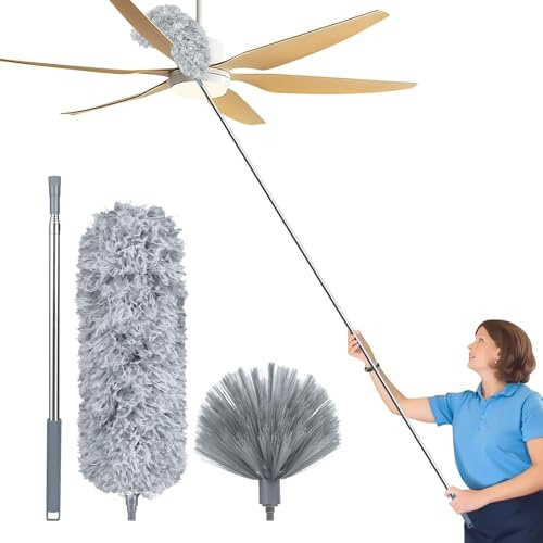 Fogray Staubwedel Teleskop Waschbar Duster Lang Ausziehbar Bis 254cm | 3PCS Spinnenwebenentferner Staubwischer mit Teleskopstange, Staubfänger für hohe Decken Deckenventilator, Grau