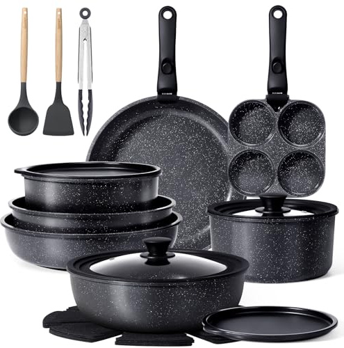 GiPP 21PCS Pots and Pans Set Non Stick,Granite Nonstick Kitchen Cookware Set with Detachable Handle, PFAS & PFOA Free, RV Cookware Set for Camping, Oven Safe(Grey,21PCS-Big Size)