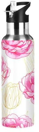 Botella de agua aislada con diseño de tulipanes amarillos, flores de peonía rosa, botellas de agua a prueba de fugas, botella de agua deportiva sin BPA