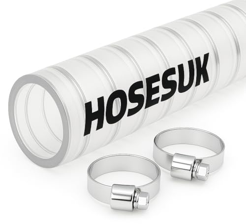 19mm x 26mm Transparent PVC Steel Helix Pipe + Hose Clips 2 Metre (6.6 Ft)