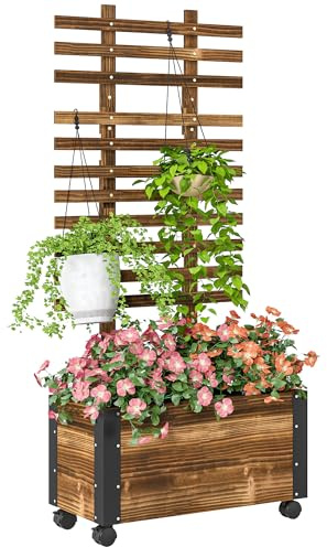 Outsunny Raised Garden Bed with Trellis, Outdoor Wooden Planter Box with Metal Corners and Wheels, Raised Bed for Garden with Drainage Holes and Bed Liner, for Climbing Plants Flowers, Carbonised