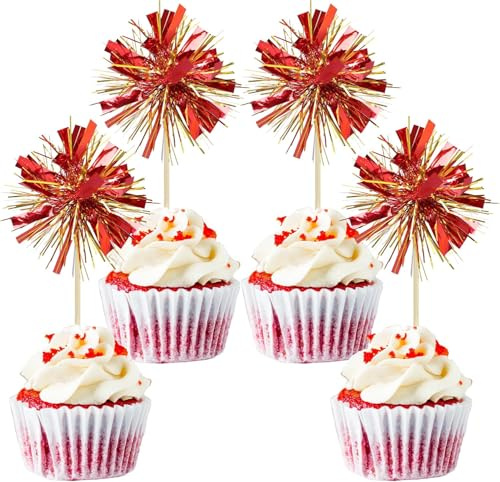 Nymora 30 Stück Folienfeuerwerk-Cupcake-Topper Glitzer Tinsel-Kuchen-Topper Tinsel-Getränke-Kuchen-Dekoration Cocktailspieße für Geburtstag-, Hochzeit- und Abiturparty-Zubehör Gold Rot