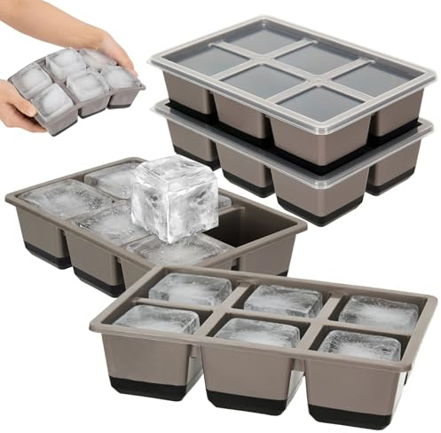 4 Pack Large Silicone Ice Cube Tray with Lid for Whiskey, Easy Release 2 inch Cube Ice Trays for Cocktail Whisky, Stackable Ice Cube Trays for Freezer with Leak Proof Removable Lid(Black)