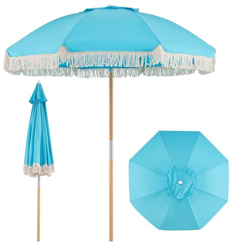 KOMFOTTEU Strandparasoll 170 cm, runt parasoll med träpinne, 30° lutande utomhus terrass parasoll med 8 stavar och ventilerat dubbelt lager, för trädgård, balkong, Blå