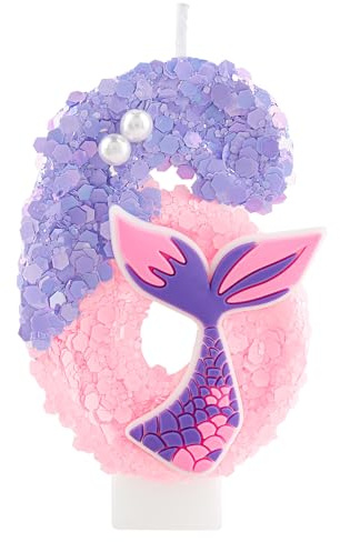 Candela di Compleanno Numero 6 Scintillante con Coda di Sirena, Candela per Torta Rosa e Viola con Perline, Decorazione per 6° Compleanno, Festa a Tema Sirena, Festa per Bambine