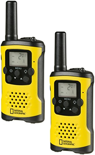 National Geographic Walkie-Talkie 2er-Set, kompakte Funkgeräte mit sehr hoher Reichweite bis zu 6 km, Frei-Hand-Funktion und integrierter Taschenlampe, Schwarz-Gelb, 9111400