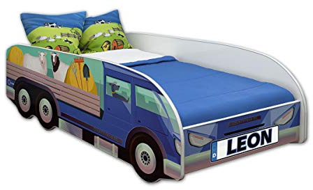 ACMA Kinderbett LKW Truck 140x70 cm Autobett Juniorbett für Kinder mit Matratze und Lattenrost, Spielbett mit Rausfallschutz, Kinderzimmer Bettmöbel, Design 05 + Name