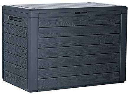 rg-vertrieb Gartenbox Auflagenbox 190L Truhe – Kissenbox Anthrazit in Holz-Optik Woode, UV- & Frostbeständig, Robuste Gartentruhe aus PP Kunststoff, Abschließbar, Maße: 78x44x55 cm