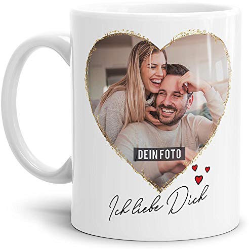 Tasse mit Spruch - Ich liebe Dich - zum Selbst gestalten mit zwei Fotos in Herzform - Geschenkidee für den Partner, in Weiß, 300 ml