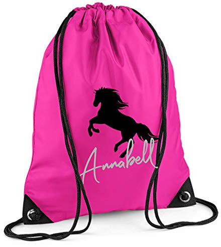 minimutz Turnbeutel mit Namen | Motiv aufsteigendes Pferd inkl. Namensdruck | personalisieren & bedrucken | Sportbeutel Schuhbeutel für Mädchen (pink)