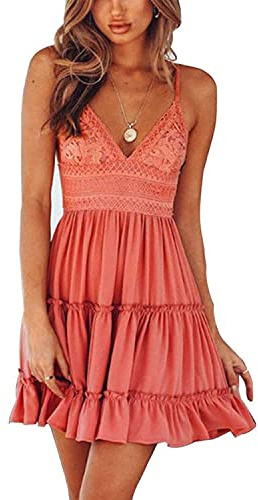 TBSCWYF Vestito da Donna con Arco Volant e Orlo Smocked Mini Abito da Spiaggia Senza Maniche Pattinatore Vestito Festa Vestiti Casual Prendisole a Canottiera in Pizzo