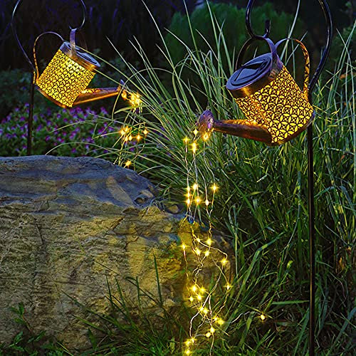 2 Stück Leuchtende Gießkanne Solar mit Lichterkette, Solarlampen für Außen Gießkanne, LED Solar Wasserfall Gießkanne IP55 Wasserdicht für Garten(Mit Shepherd's Hook)