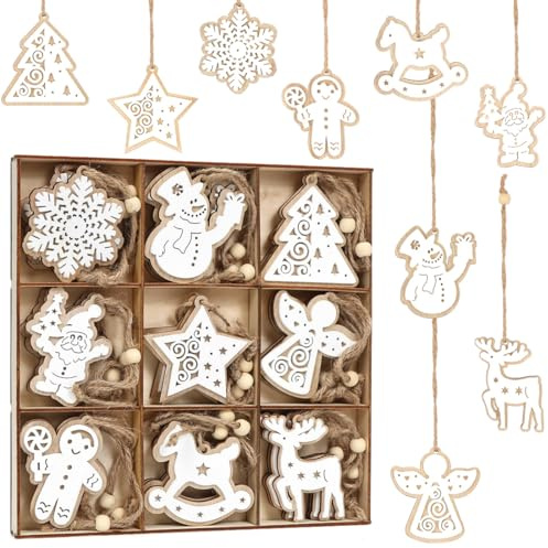 Weihnachtsanhänger aus Holz, 27 Stück, Ornamente aus Holz für Weihnachten, Weihnachtsdekoration, Holz mit Schnur, zum Aufhängen von Fenstern, Wänden und Weihnachtsbaum