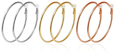 3 Paar Ohrclips, großes Creolen-Set, nicht durchbohrte Damenohrringe, Hypoallergene Damenohrringe aus Vergoldetem Roségold und Silber（6cm）