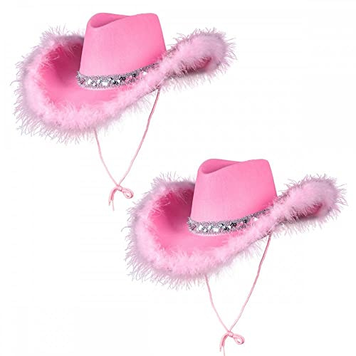 A2ZFD 2 x Adult Ladies Pink Sequin & Feather Texan Cowboy Hats : Wild West Cowgirl Hen Night Fancy Dress Accessory, L