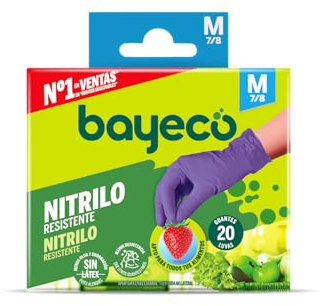 Bayeco - Guantes de nitrilo desechables Morados - Talla M - Pack 20 uds - Sin polvo y sin Látex - Texturizados para mayor agarre