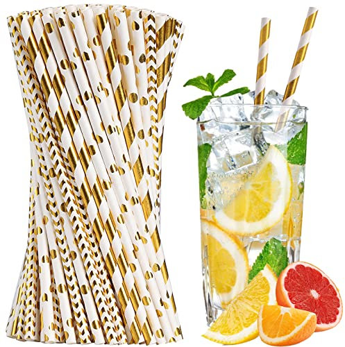 120 Stück Papier Strohhalme in 4 Stilen - Biologisch Abbaubare Bunte Trinkhalme für Partys, Hochzeit, Geburgstag (Gold)