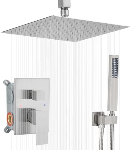 Heable Duschsystem Gebürstetes Nickel Badezimmer 25,4 cm Regendusche Deckenhalterung mit Handbrause Luxus Hochdruck Dusche KombiSet Duscharmatur rauer Ventilkörper und Verkleidung im Lieferumfang