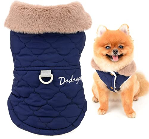 SMALLLEE_LUCKY_STORE Quilted Sherpa Coat for Small Dogs, Blue, XL | Quilted Shell, Sherpa Lining, Leash Ring, Winter Walks, Chihuahua, Yorkie, Small Breed, Furry Collar Insulated Jacket