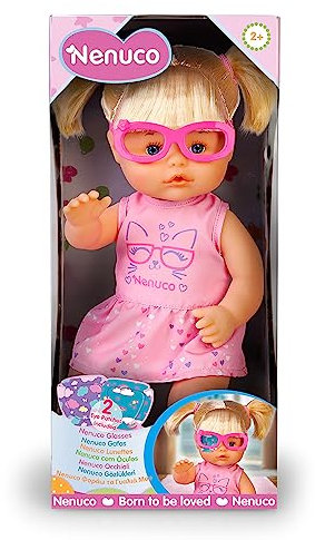 NENUCO - Gafas, Muñeca Bebé con Gafitas Rosas y Pelo Rubio con 2 Coletas, Incluye 3 Parches de Colores para juagar a taparle un Ojo como a los niños, Lleva un Vestidito, +2 años, Famosa (NFN20000)