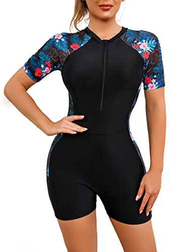 Odizli Badeanzug mit Bein Schwimmanzug Damen Langarm/Kurzarm Blumen Druck Zip Up Surfer Kurz Bademode
